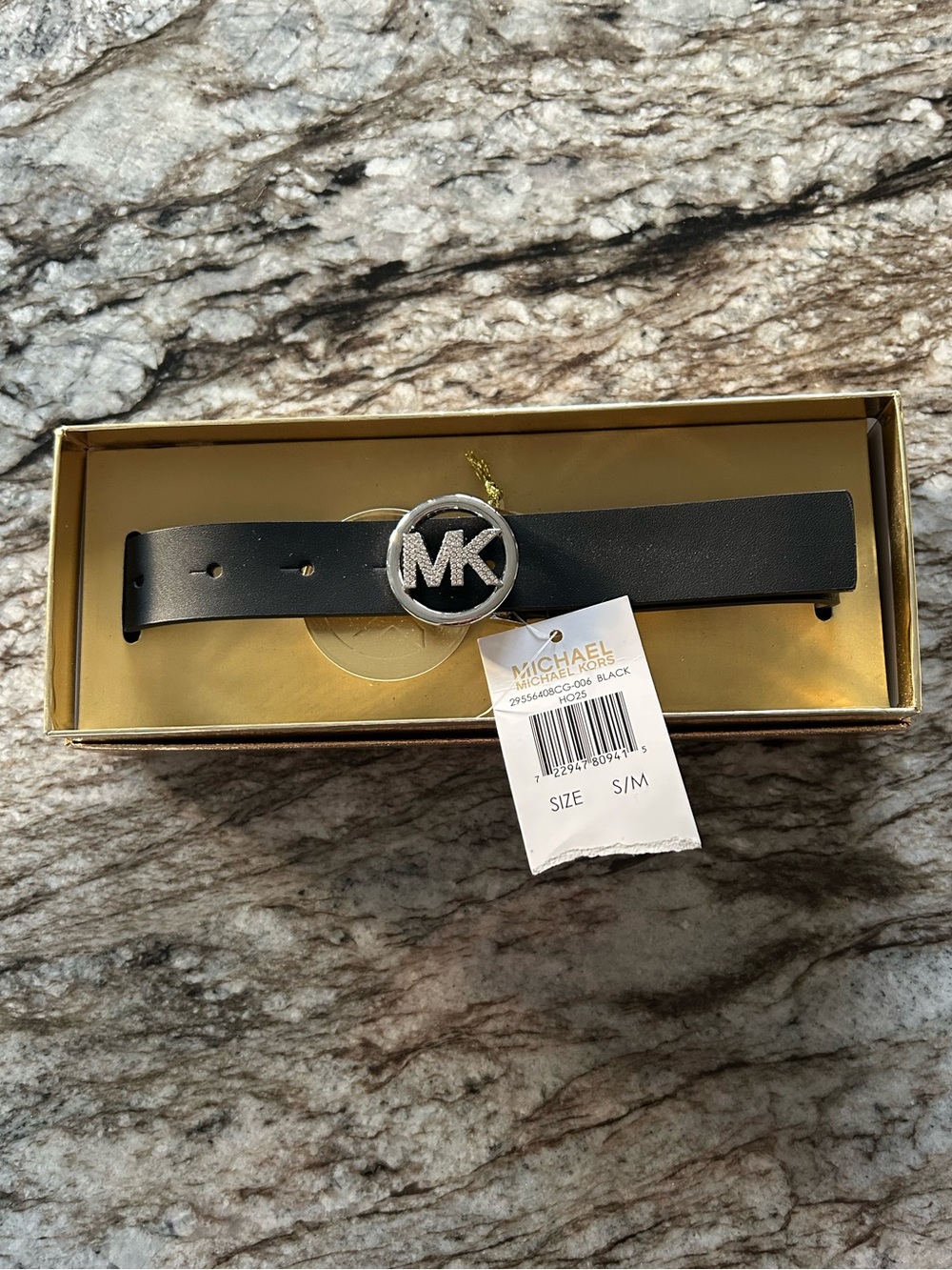 Michael Kors Black Leather Belt with Silver MK Circle Buckle